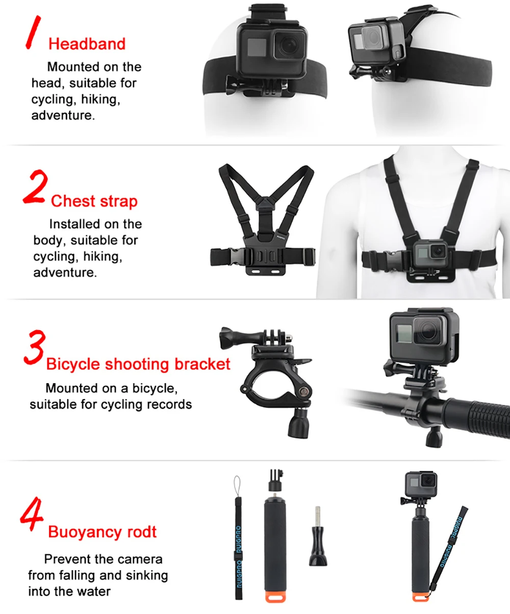Ruigpro для спортивной камеры gopro, набор для начинающих, для дайвинга, верховой езды, альпинизма, автоспуска, аксессуары для съемки