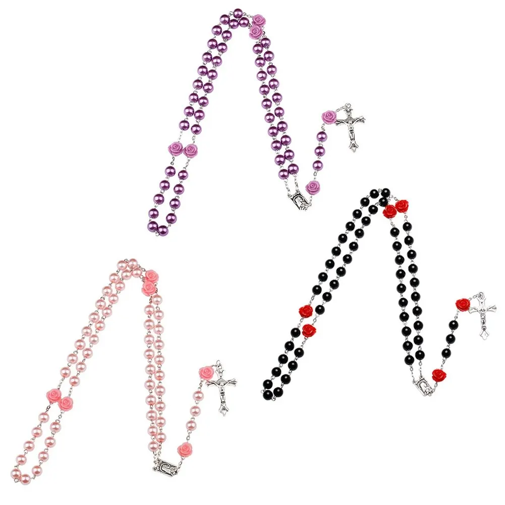 1PC Purple Rosary Beads Catholic Necklace For Girls Women Glass Father Bead Crucifix Pendant Rose | Украшения и аксессуары