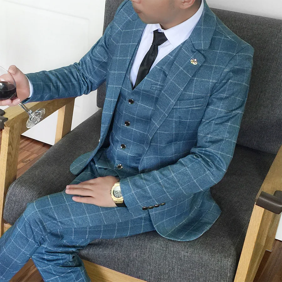 Мужской костюм в синюю клетку (пиджак + брюки жилет) официальный пиджак модный