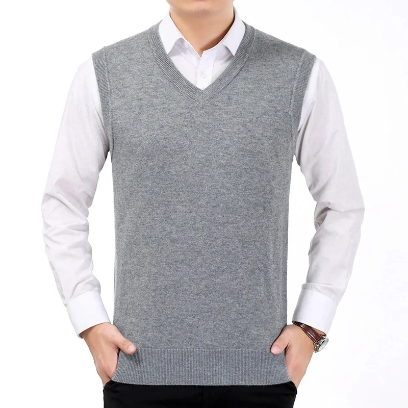 Spring Autumn Men Kintted Vest Woollen Blends Waist Coat Man Casual V-neck Vests Male Sleeveless Weskit Plain Textured Gilet | Мужская