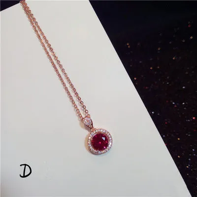 Vintage Necklace Pendants For Women S925 Sterling Silver Ruby Gems Fine Jewelry Clavicle Chain Rose Red Color Colar Bijouterie - Цвет камня: D