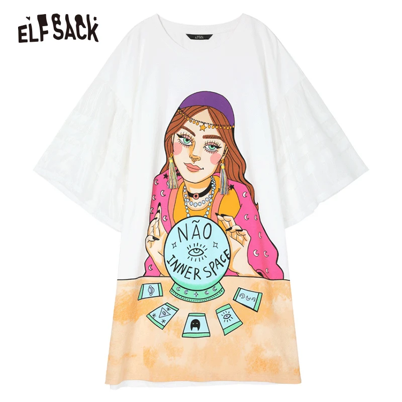 ELF SACK/модное хлопковое Белое Женское праздничное платье с принтом; повседневные женские платья с круглым вырезом и кисточками; летний уличный сверхразмерный наряд