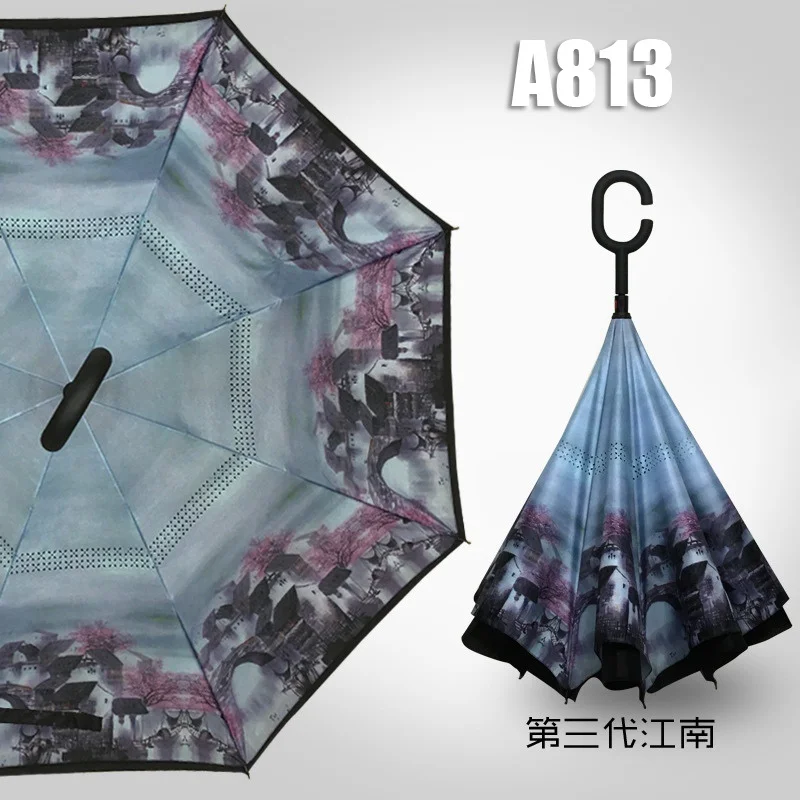 Umbrella A813 Ветрозащитный обратный зонт складной двойной слой перевернутый Chuva Зонты самостоятельно стоящий наизнанку абажур на дверной светильник в виде зонтика свободные руки зонтик - Цвет: Umbrella A813