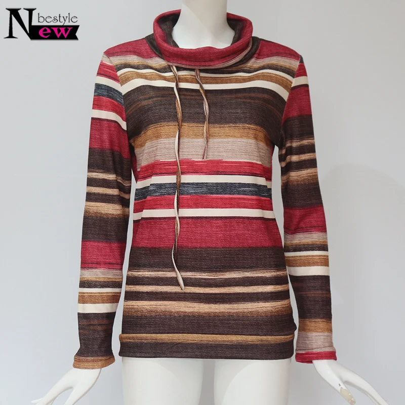 Spring Striped Multicolor Long Sleeve Shirt Women Casual Turtleneck Tshirt Streetwear Tops T Plus Size | Женская одежда
