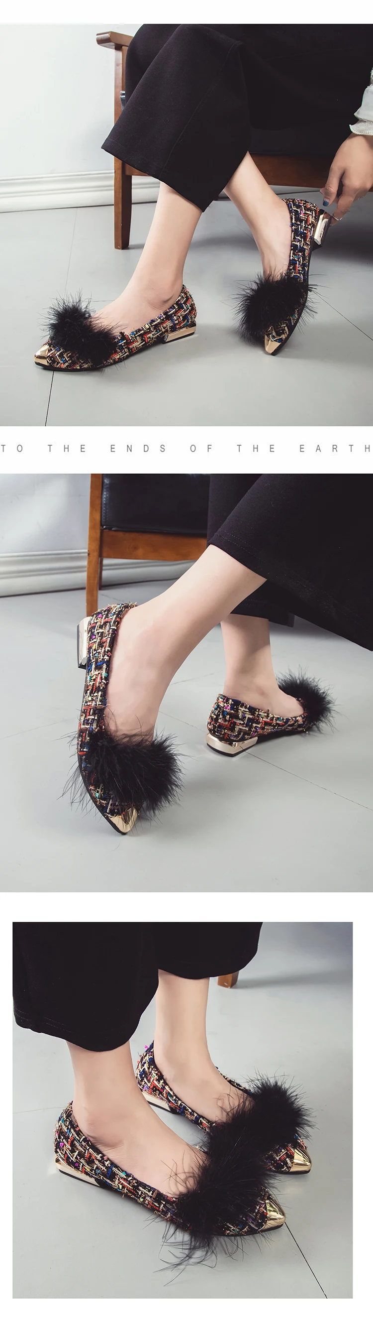 FeiYiTu/обувь на плоской подошве; женская повседневная обувь с плетеным твидовым тканевым верхом; женская обувь на плоской подошве с острым носком; женские Мягкие прогулочные лоферы из натурального меха с металлическим украшением