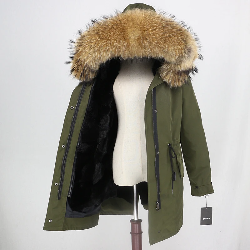 green black natural OFTBUY, пальто из натурального меха норки, водонепроницаемая длинная парка, зимняя куртка для женщин, натуральный мех енота, капюшон, съемная верхняя одежда, Толстая теплая - Цвет: green black natural