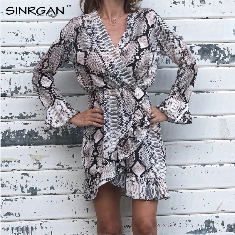 SINRGAN платье с длинным рукавом и змеиным принтом женщины vestidosвинтаж А линия V