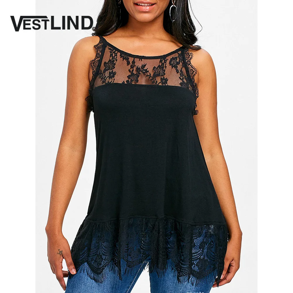 Женская майка с кружевом VESTLINDA черная Облегающая без рукавов повседневный топ на