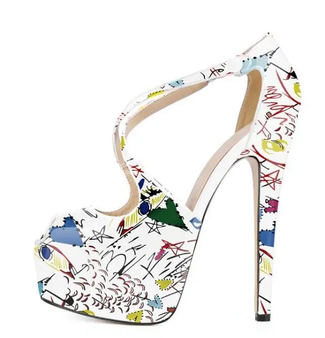 

Newest 2019 Peep Toe Printed Leather High Heel Shoes Woman Summer Slip on Party Dress Shoes 14cm Cross Strap High Platform Shoes