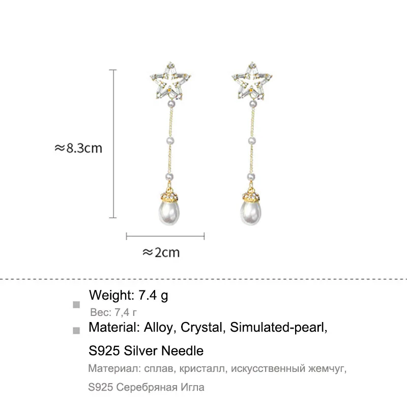 

Tassel Gold Color Star Design Chain Angle Long Earrings For Women Korean Fashion Simulated-pearl Rhinestone Drop Earrings L5E695
