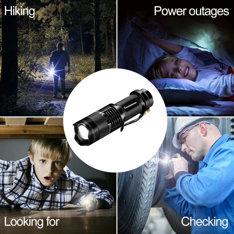 

Portable 7W 2000LM Q5/T6 Aluminum Waterproof 3/5 Modes Zoomable Led Flashlight Torch Tactical light AA 14500 Black