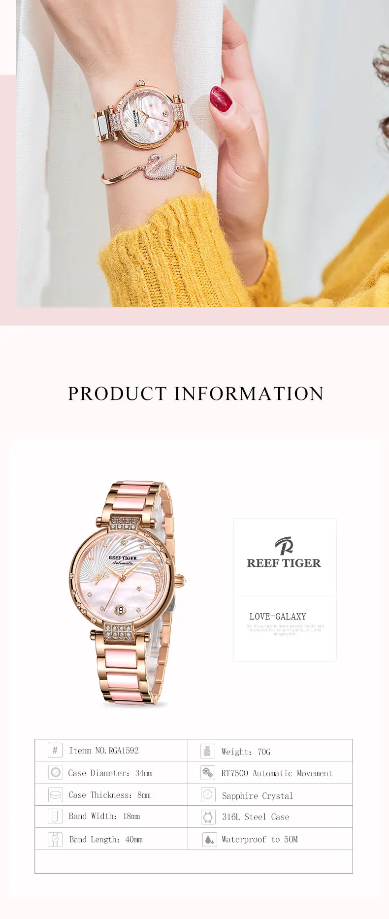 Reef Tiger/RT брендовые роскошные розовые женские золотые часы с бриллиантами Polaris Dial автоматический браслет часы Love Galaxy RGA1592