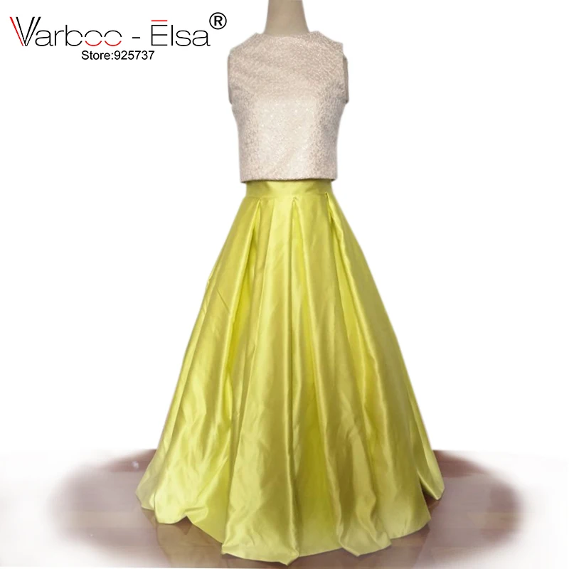 

VARBOO_ELSA Robe De Soiree elegant prom dresses 2018 two piece floor length a line light yellow prom dresses Satin Lace dubai