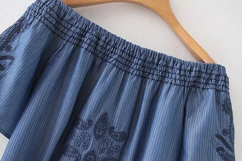 Summer 2018 Women Striped Vintage Blue Denim Dress Lady Short Sleeve Floral Embroidery Sexy Off Shoulder Plus Size | Женская одежда