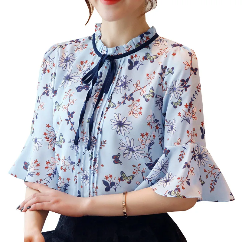 Новинка 2017 летняя шифоновая блузка с цветочным принтом женские повседневные