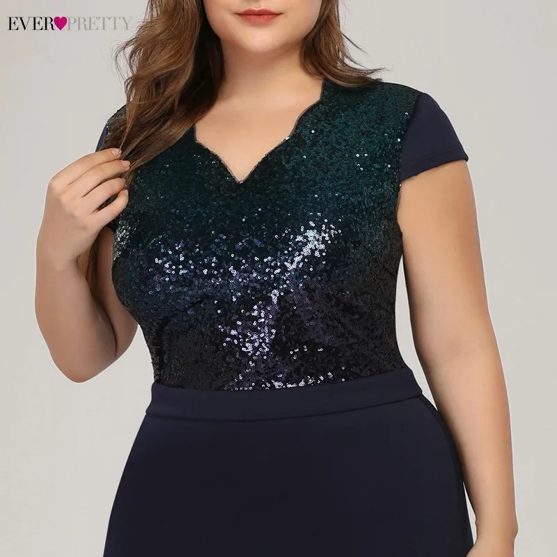 Plus Size Sequined Mermaid Long Prom Dresses 2020 Ever Pretty V-Neck Short Sleeve Elegant Women Party Vestidos De Gala | Свадьбы и