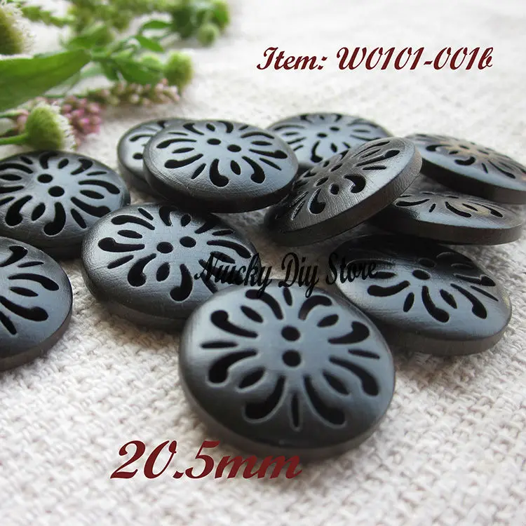 

Boutique wood buttons 21mm dark coffee hollow carved chrysanthemum wooden buttons for High quality clothing accessories