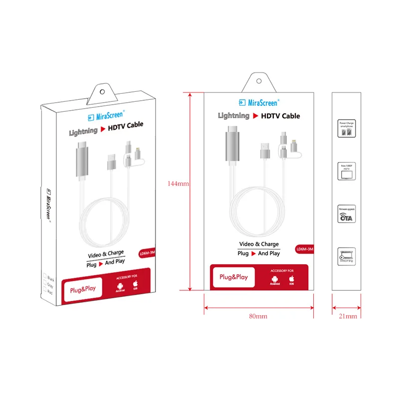 Mirascreen 3 в 1 3 м HDTV кабель Тип C и Micro USB и для lightning разъем Plug and Play Miracast кабель для apple Android телефон