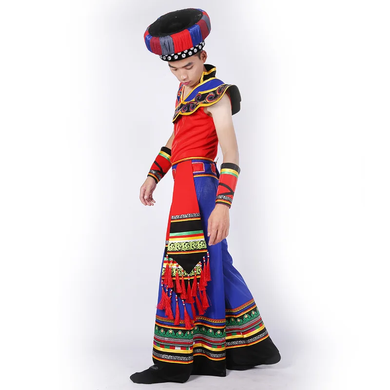 

Yunan Sichuan Guizhou Province Yi Dance Garment China Yi Nationality Ethnic Minority Outfit Men's Folk Costume Include Hat