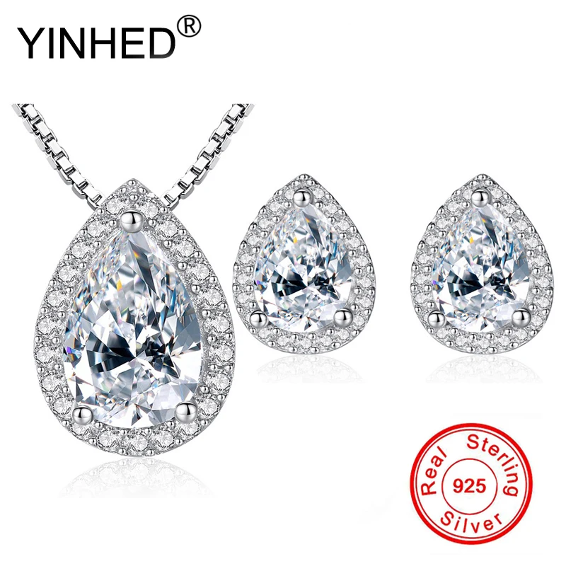 

YINHED Water Drop Wedding Jewelry Sets 925 Sterling Silver AAA+ Cubic Zirconia Pendant Necklace Stud Earrings for Women ZS062