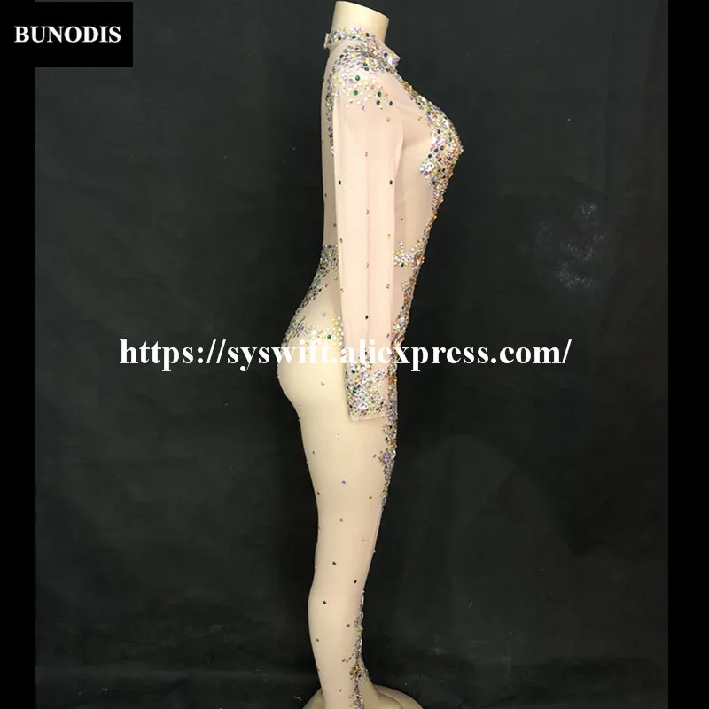 BU36601 Net Yarn Women Sexy Jumpsuit Blazing With Colour Sparkling Crystals Bodysuit Nightclub Party Stage Wear Bling Costumes | Женская