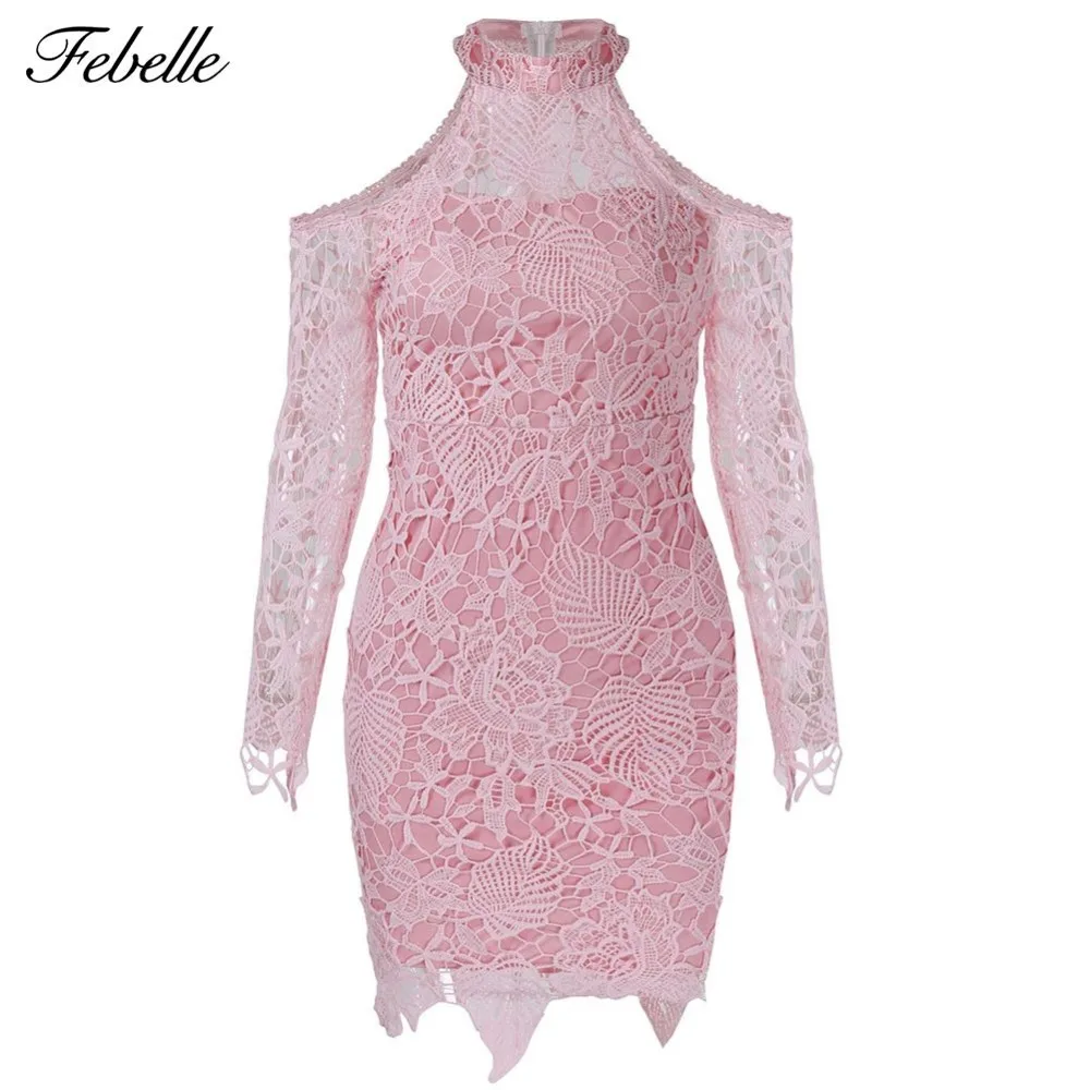 Febelle сексуальное с открытыми плечами платье вязаное крючком Для женщин розовым