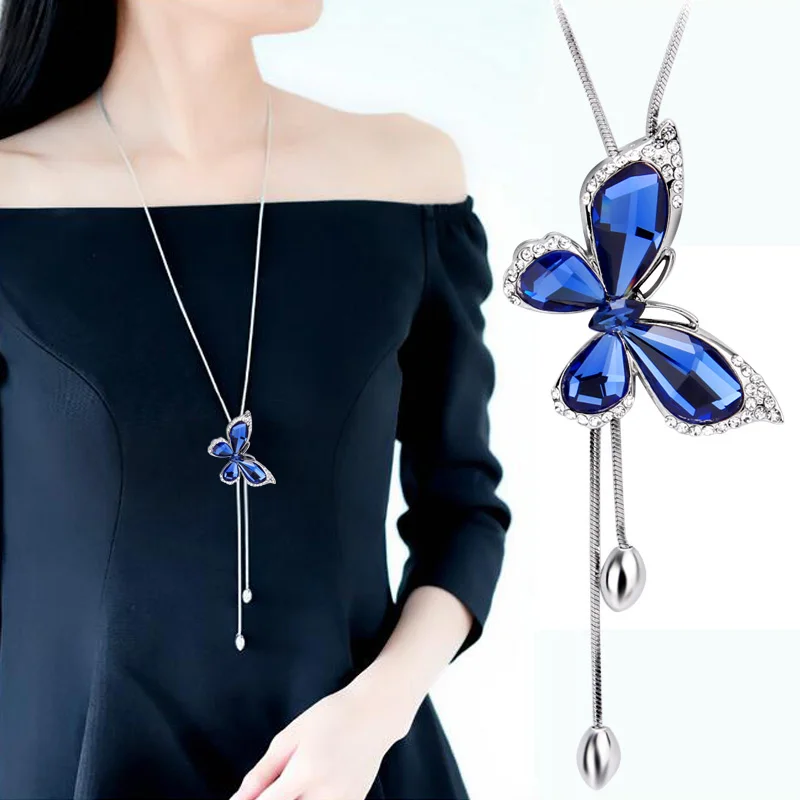 Новая мода синий кристалл бабочка кулон Nedcklace Регулируемый Длинный Свитер