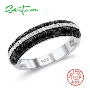 Женское серебряное кольцо SANTUZZA, из серебра 925 пробы с блестящей черной шпинелью и белым кубическим цирконием, модные ювелирные украшения для вечерние