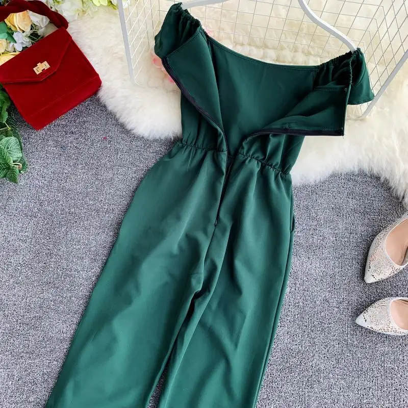 ALPHALMODA весенний женский Модный комбинезон с оборками и вырезом лодочкой, женские комбинезоны с высокой талией и широкими штанинами