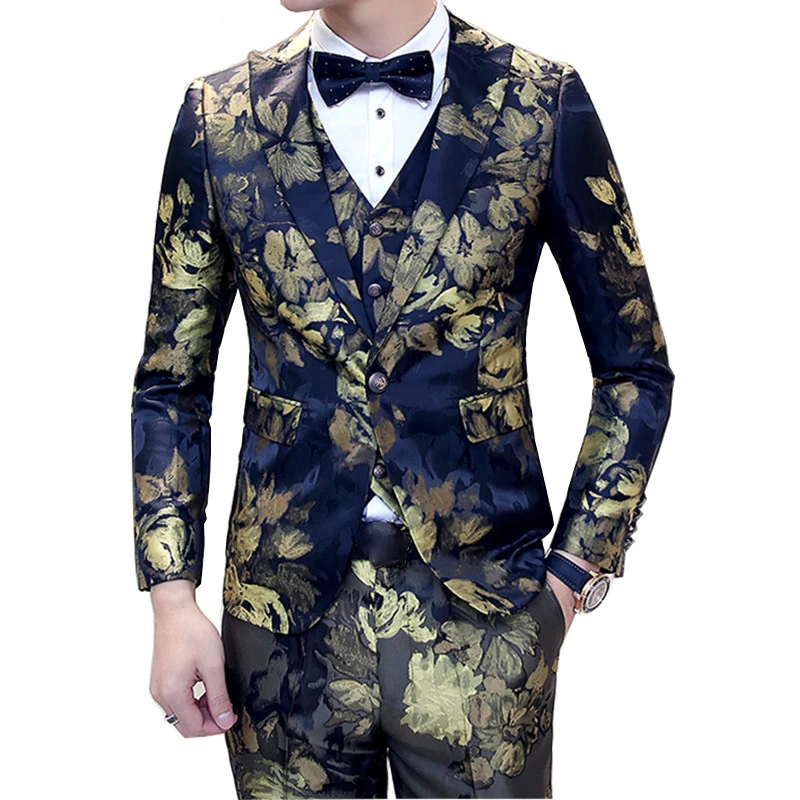 

( Jacket + Vest + Pants ) New Mens High-grade Printing Groom Wedding Dress Suits / Male Slim Fashion Leisure Suits / Men Blazer