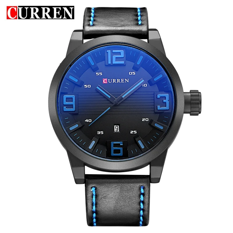 CURREN 8241 повседневные модные наручные часы с кожаным ремешком водонепроницаемые мужские кварцевые часы - Цвет: black black blue