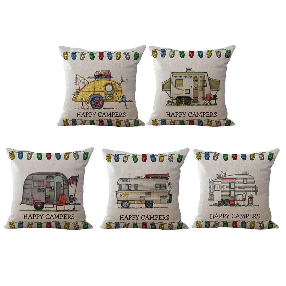 Gajjar Linen Cushion Cover Happy Campers Throw Pillow Case Letter Car For Sofa Bedroom Home Decoration 45cm*45cm402 | Дом и сад
