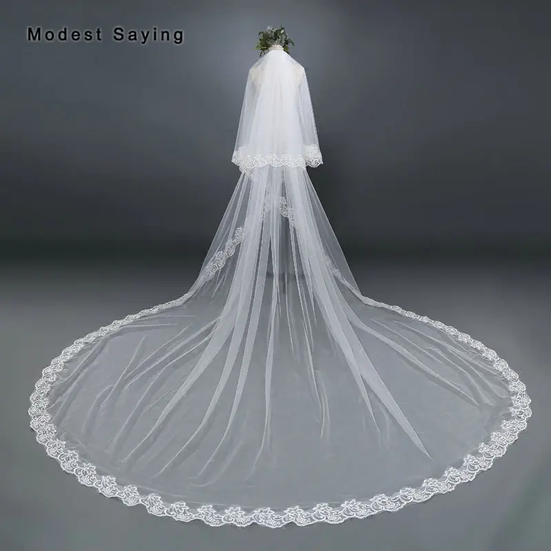 

High Quality Elegant White 3M 2 Layers Lace Wedding Veils 2018 with Comb Church Cathedral Bridal Veils accessory voile de mariee