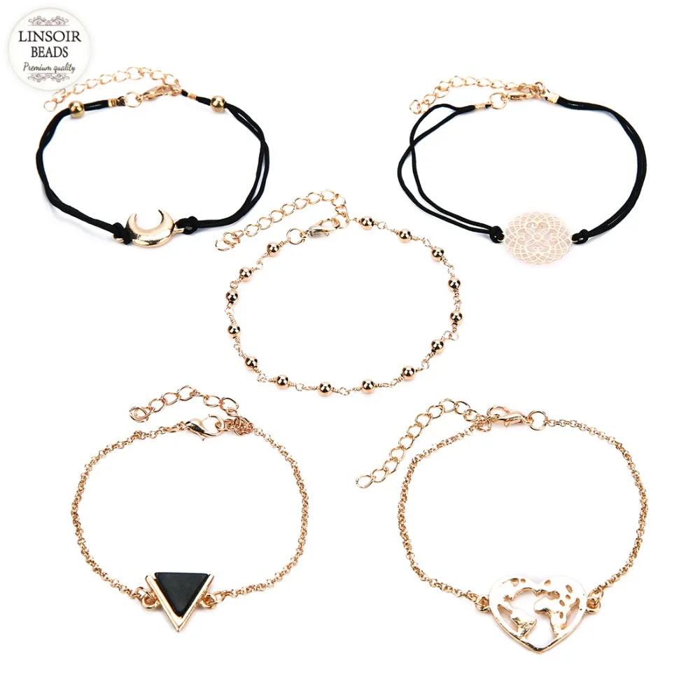 LINSOIR 5 шт./компл. треугольник золотого цвета черный камень Любовь Шарм браслет