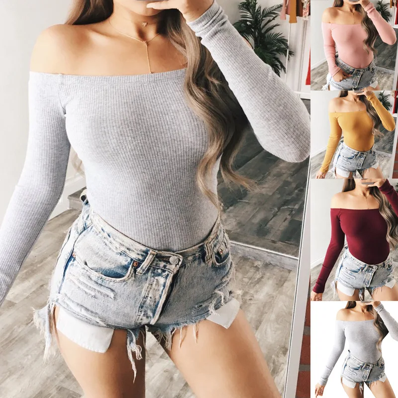 

BKLD Sexy Slash Neck Off Shoulder Long Sleeve Shoulder Women 2018 Autumn Spring Ribbed Bodysuits Playsuits Romper Jumpsuits New