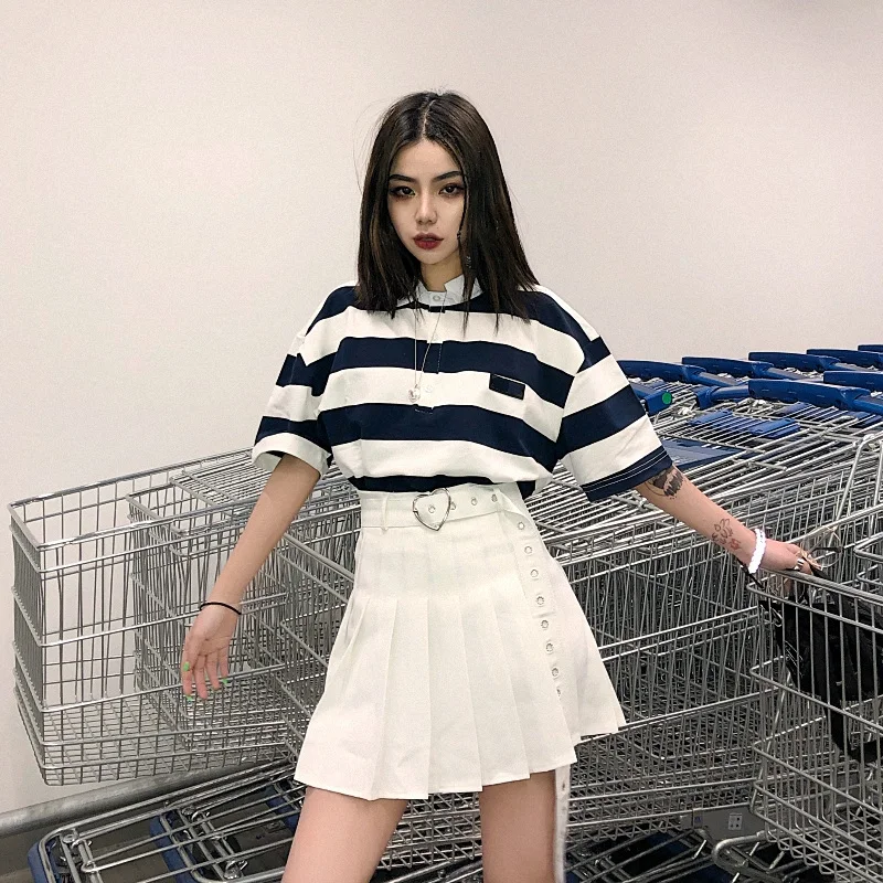 Harajuku Kawaii модная мини-юбка с заклепками и поясом для женщин, Студенческая школьная трапециевидная юбка, Женская милая плиссированная юбка с высокой талией