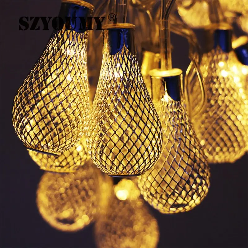 

SZYOUMY LED String Fairy Lights 3.5m 20 leds Christmas Lights Outdoor Retro Look Iron Hollow Metal Droplets Wedding Decorations