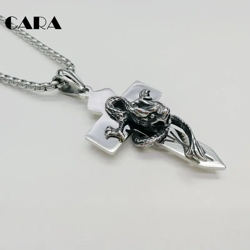 2019 New high polished 316L Stainless steel 3D dragon Cross pendant necklace mens charm fashion CARA0303 | Украшения и аксессуары