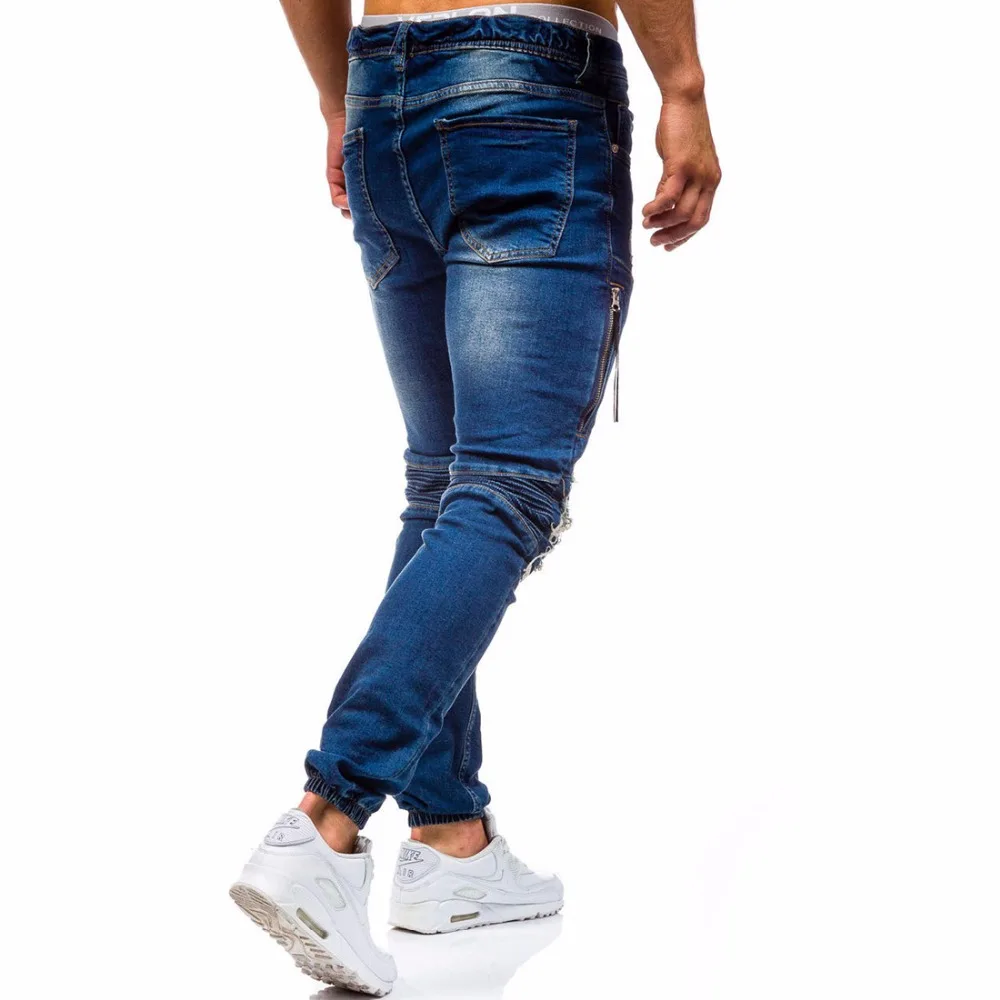 Mens Cotton Elastic Knee Hole Patch Jeans New Slim Solid Color Washed Trousers Male Hip Hop Beam Foot Pants Pencil | Мужская одежда