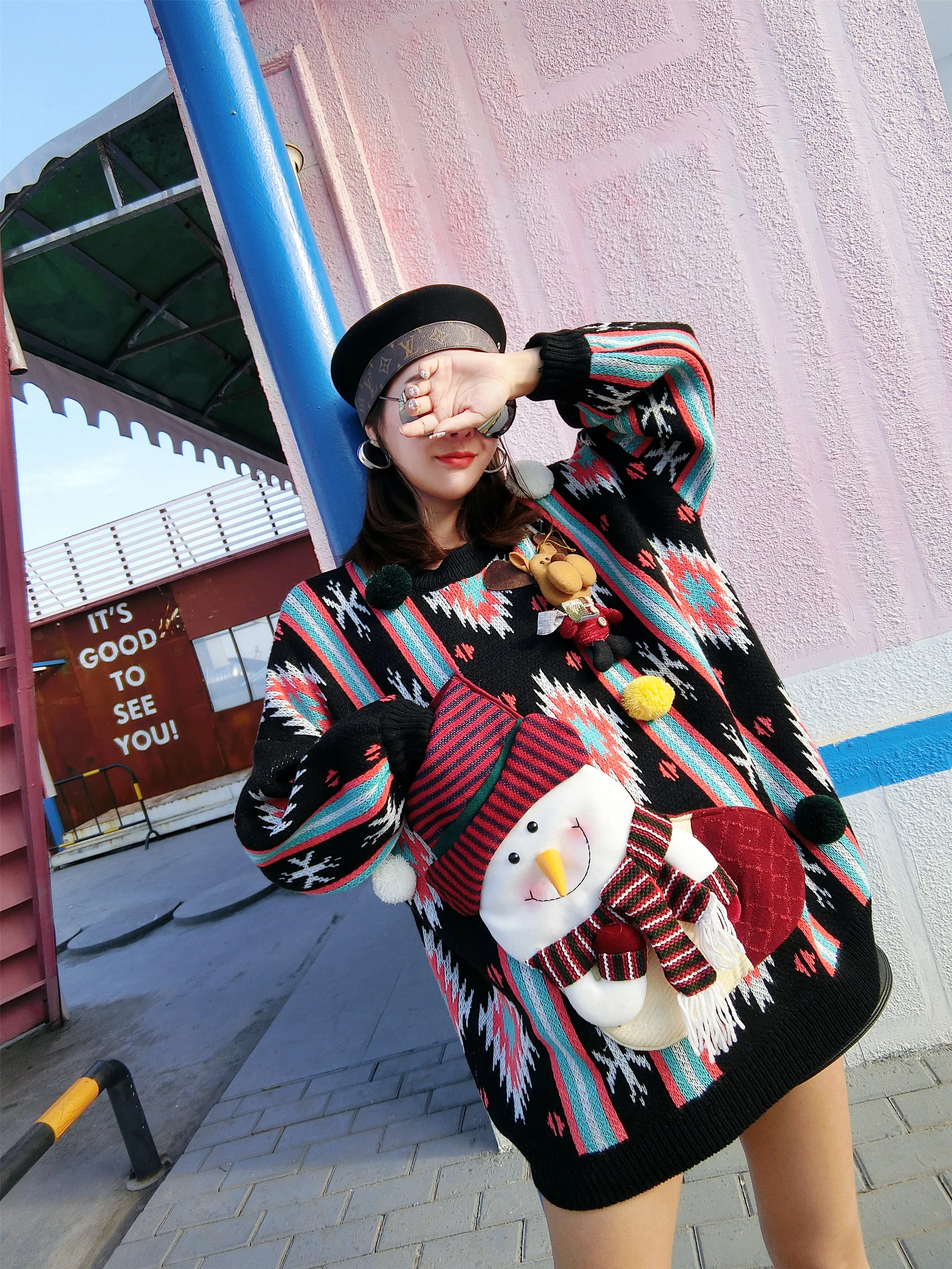 Thailand Tide brand autumn women 2018 new stitching round neck winter sweater female loose snowman Christmas | Женская одежда