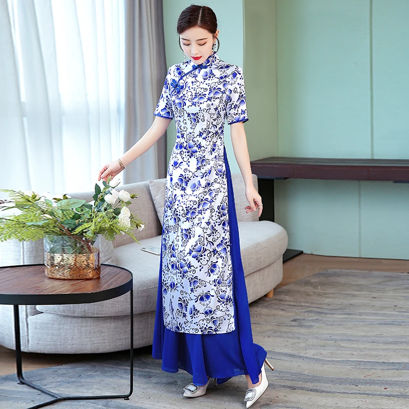 Новое поступление голубое белое фарфоровое длинное платье Ao Dai qipao для женщин |