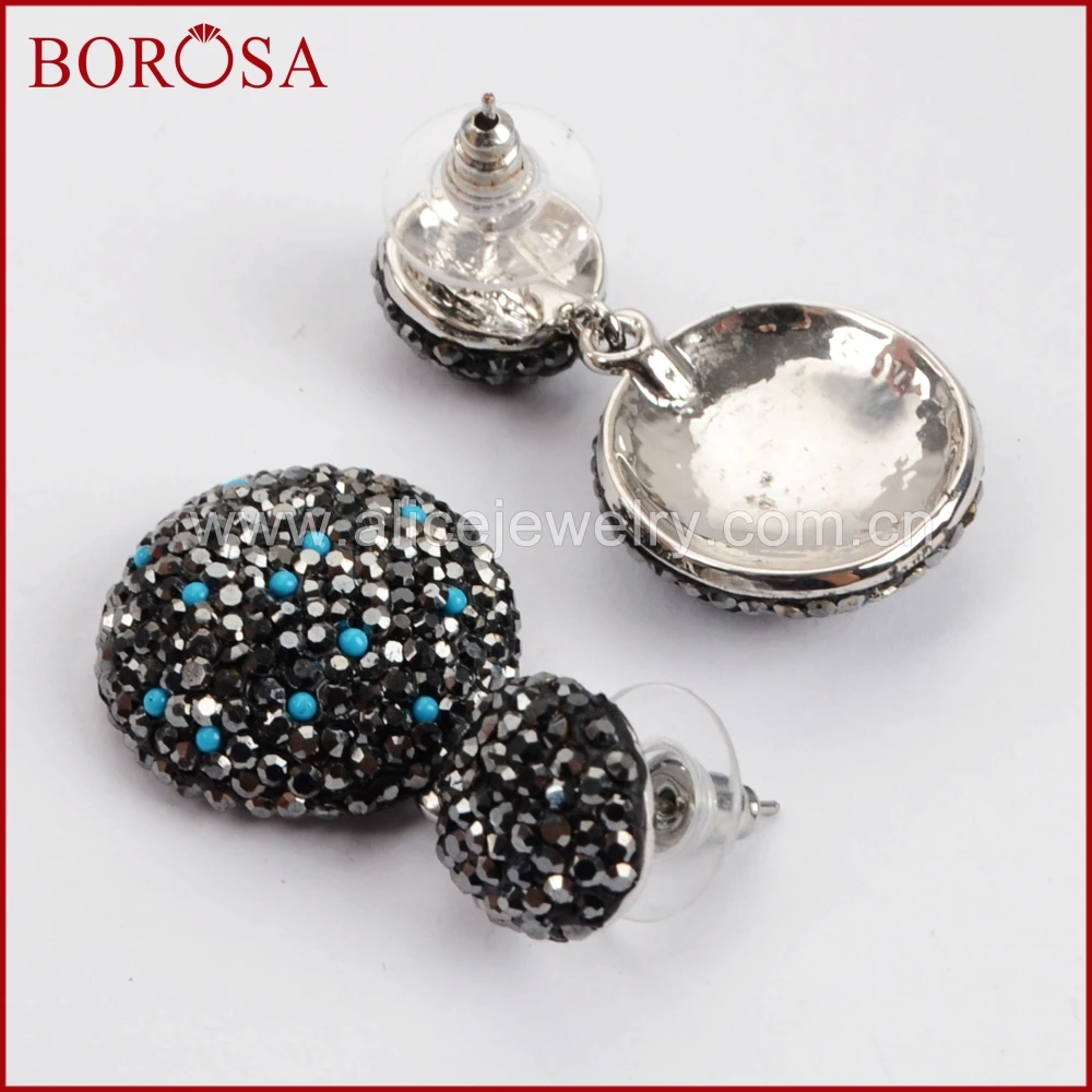 BOROSA Silver Color Round Charm Druzy Drop Earrings Handcrafted Rhinestone Pave CZ Dangle Gems Jewelry for Women JAB772 | Украшения и