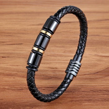 Stainless Steel Magnetic Button Design Genuine Leather Bracelet 6