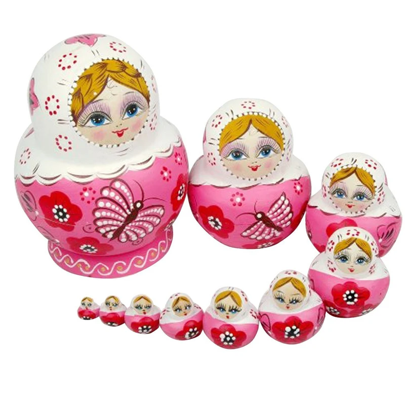 

10PCS Wooden Matryoshka Doll Pink Wooden Russian Nesting Dolls Gift Matreshka Handmade Crafts for Girls Christmas Gifts