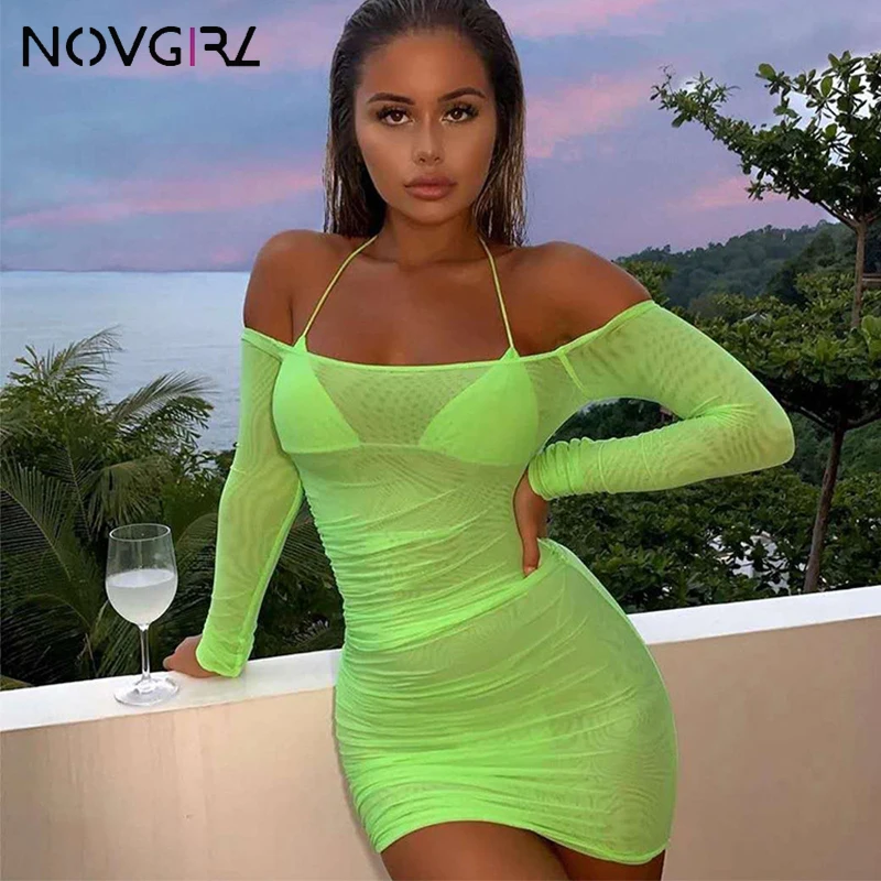 Novgirl неоновое зеленое облегающее Сетчатое платье для женщин 2019 летнее с
