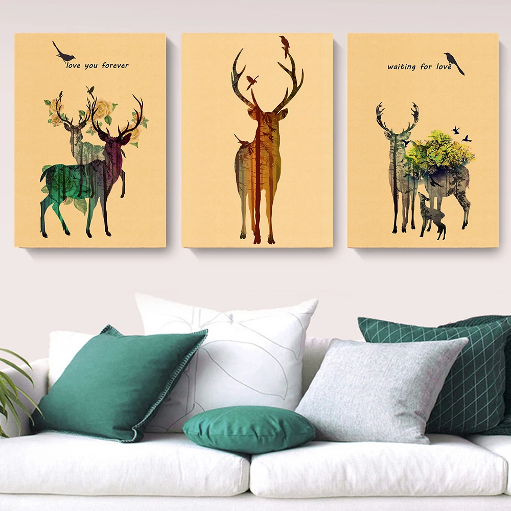 Лось и птицы Kraft стены Стикеры Ретро Классический плакат Home Decor для кафе бар