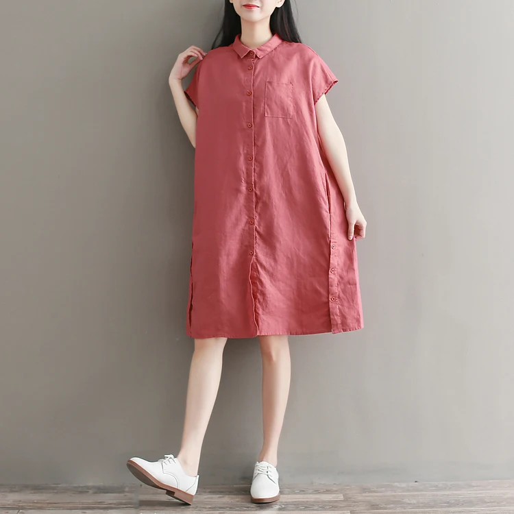 Women Fashion Retro Dresses Loose Short Sleeve Cotton And Linen Summer Shirt Dress Vintage Knee-Length Vestidos De Fiesta | Женская