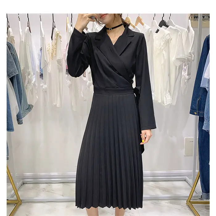 black pleated dress Корейский костюм воротник дамы шифон лоскутное платье весна длинный рукав мода лук Подиум Плиссированное Платье Vestido Robe f676 - Цвет: black pleated dress
