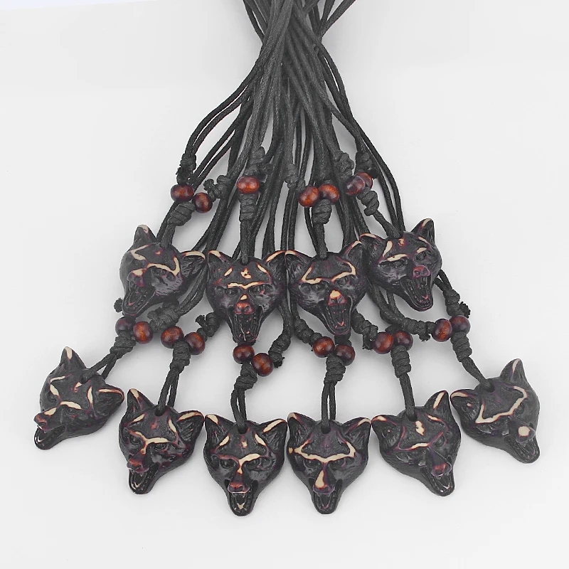 

Wholesale Lot 12pcs Faux Yak Bone Animal Brown Wolf Head Pendant Necklace Adjustable