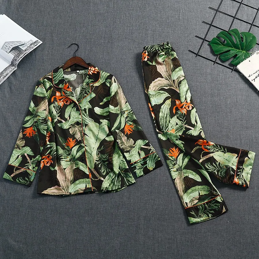 Printed Leaf Pajama Set Green Silk Stain Pijama Set Pants Set Lingerie Kimono Underwear Pyjamas Women Pajamas Sexy Lingerie